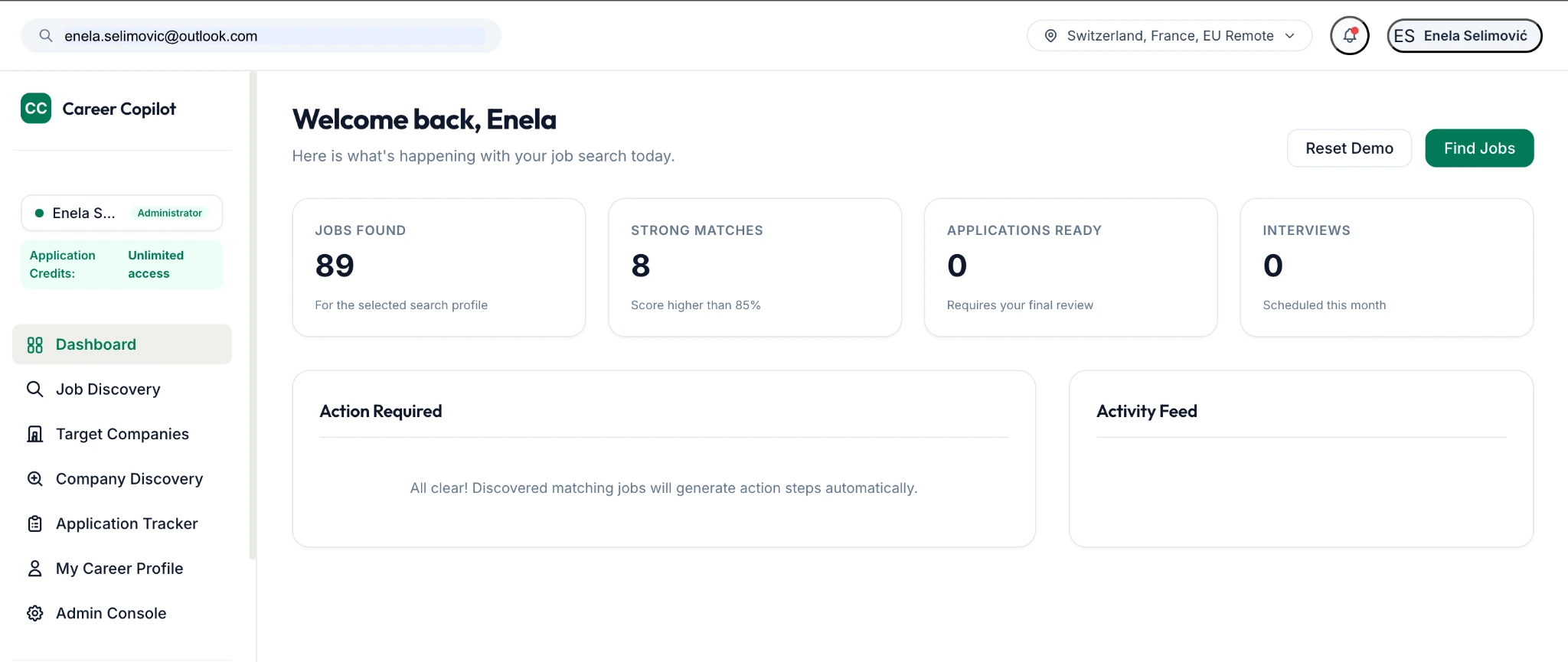 Actual Career Copilot dashboard with job discovery, matching statistics, application tracking and navigation
